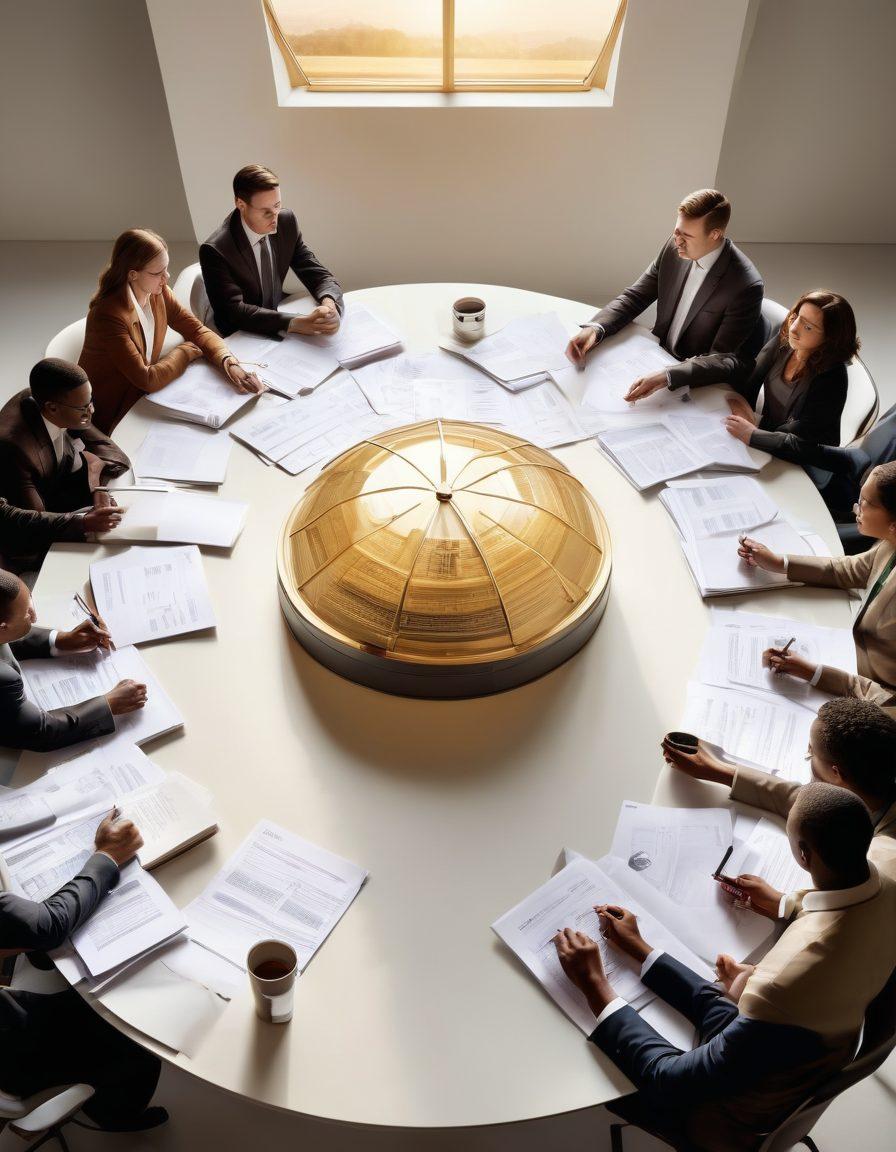 A comforting scene depicting a diverse group of people holding documents related to insurance and credit solutions, seated at a round table filled with calculators and financial books. In the background, a metaphorical vault glowing with golden light symbolizes financial security. A warm, inviting color palette enhances the feeling of trust and hope. super-realistic. vibrant colors. white background.