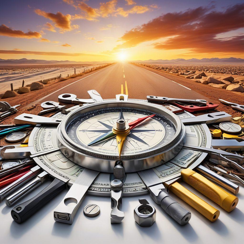 An intricately designed compass made of credit cards, surrounded by tools like wrenches and hammers symbolizing repair. In the background, a road made of money leads toward a bright horizon, representing financial assistance and guidance. The colors should be appealing and warm, evoking a feeling of hope and clarity. super-realistic. vibrant colors. white background.