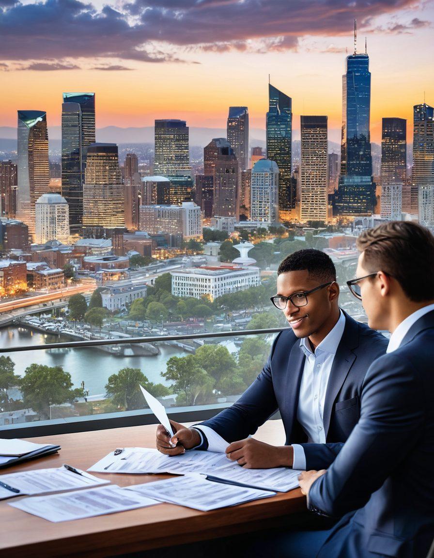 A split image depicting a confident financial advisor presenting smart strategies to a diverse group of clients, with one side showcasing insurance documents and the other side representing debt solutions. The background features a soaring city skyline symbolizing growth and security, infused with vibrant colors and a sense of optimism. super-realistic. bright colors. professional setting.